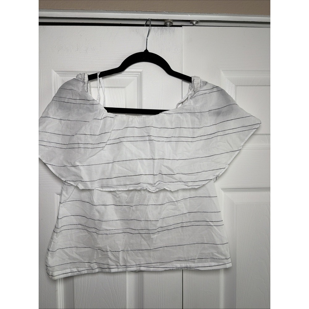 Worth New York Off Shoulder Ruffle Top Womens Size 2 White Striped Cotton Blouse